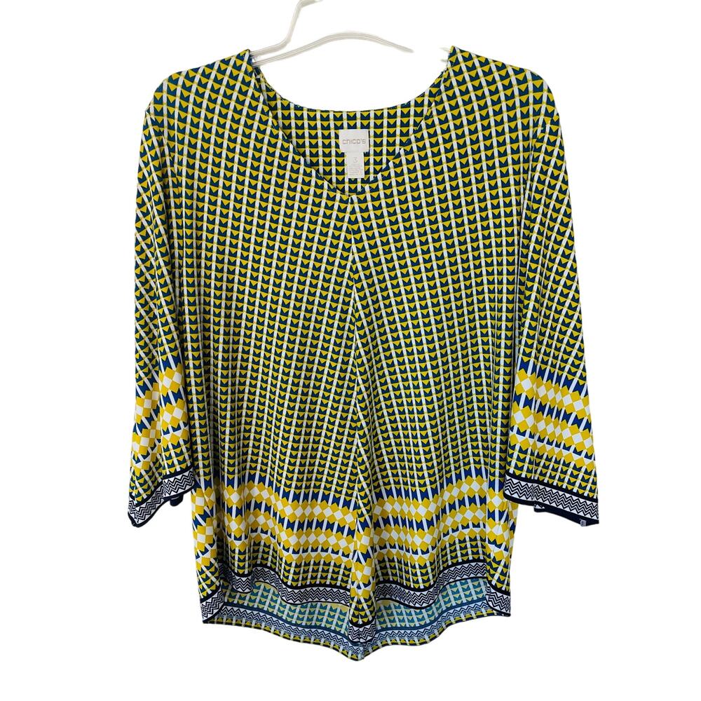 Chico’s Size XL V Neck Assymetrical top yellow blue